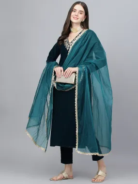 Women Teal Green Valvet Hand Work Kurta Pant With Organza Dupatta Set