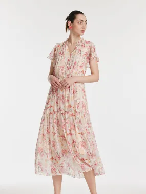 10 Momme Mulberry Silk Iris Print V-Neck Ruffle Sleeves Women Maxi Dress