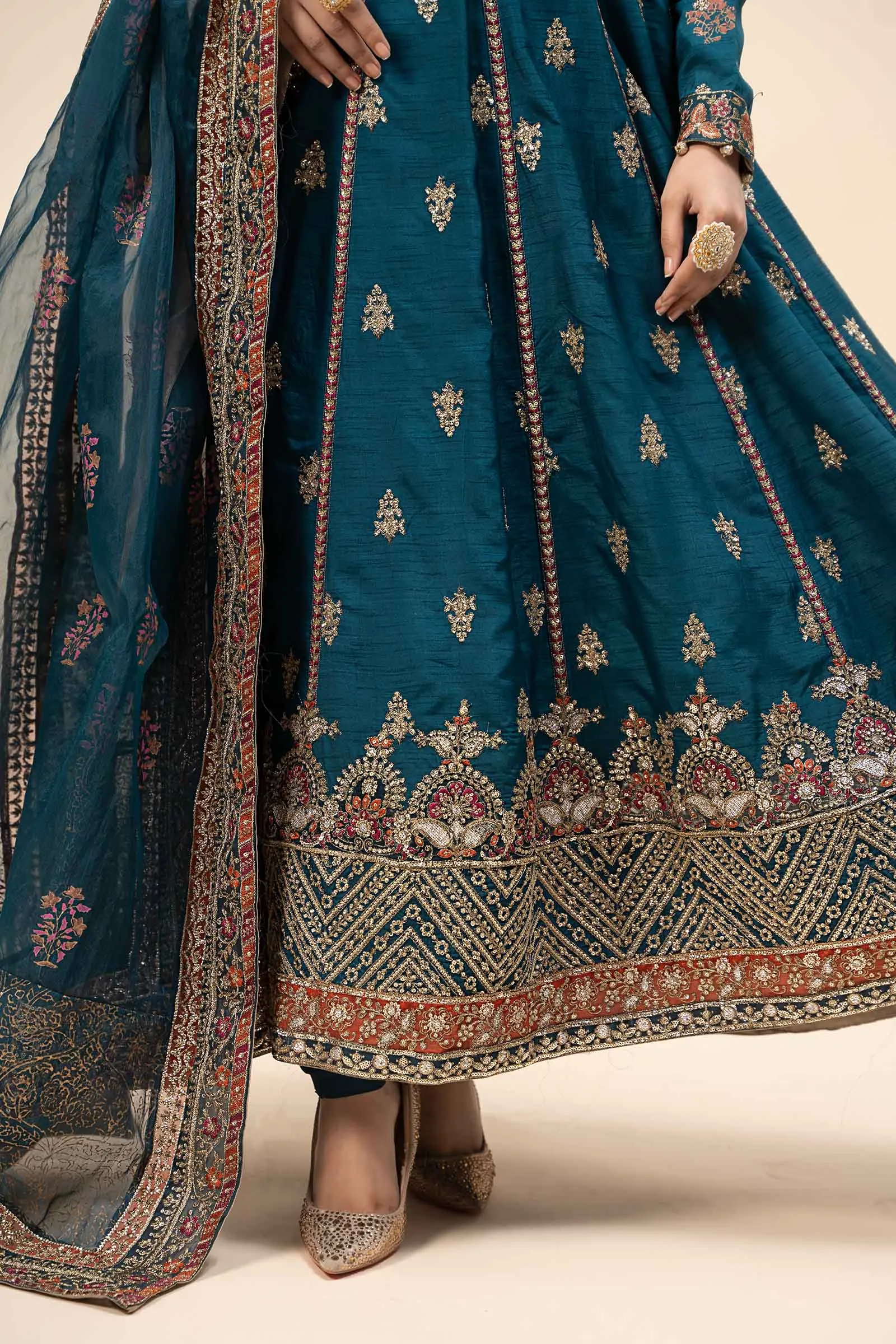 3 Piece Embroidered Raw Silk Suit | SF-W24-65