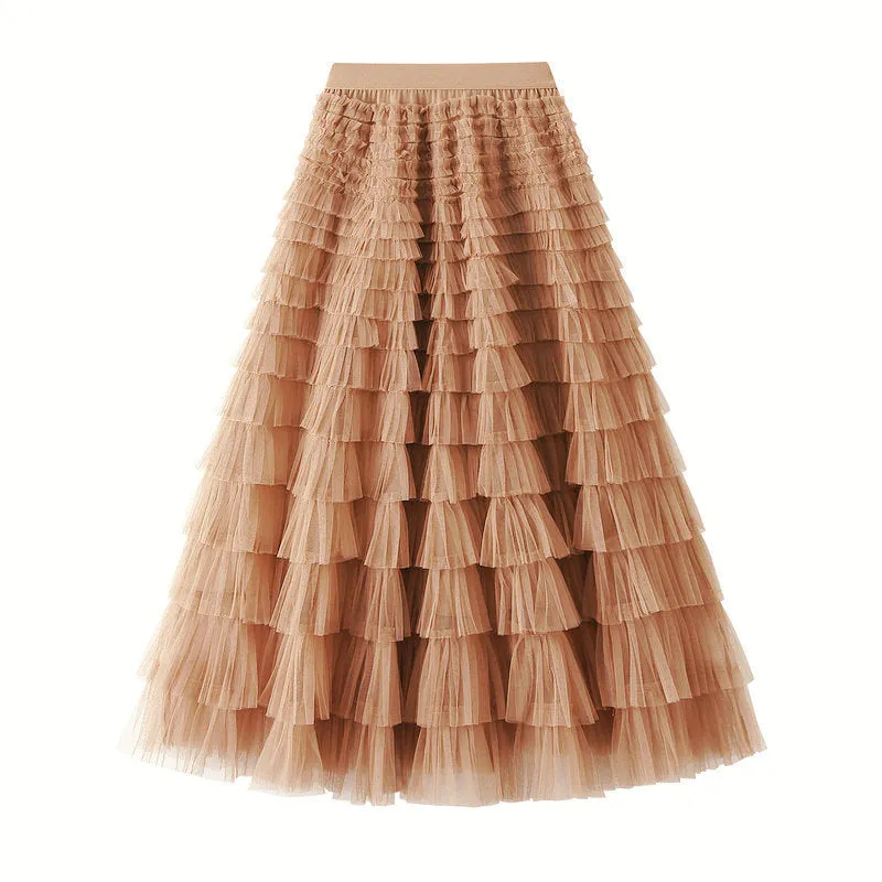 A-Line Mesh Ruffle Skirt Women's Temperament Sweet Long Skirt Slim Cupcake Dress Womens Clothing