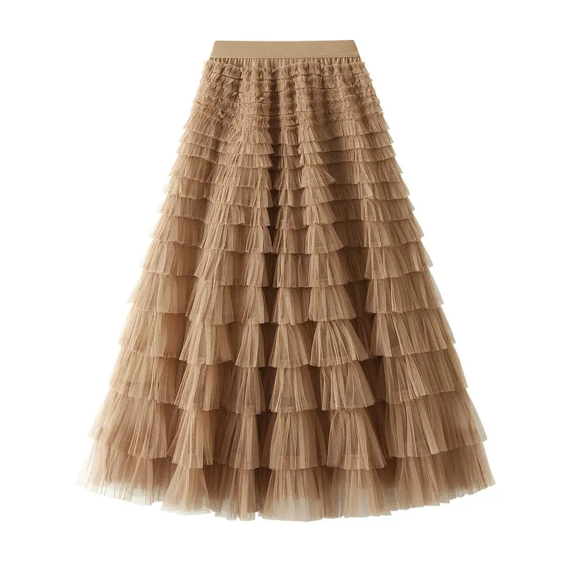 A-Line Mesh Ruffle Skirt Women's Temperament Sweet Long Skirt Slim Cupcake Dress Womens Clothing