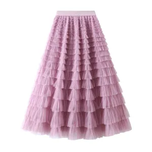 A-Line Mesh Ruffle Skirt Women's Temperament Sweet Long Skirt Slim Cupcake Dress Womens Clothing