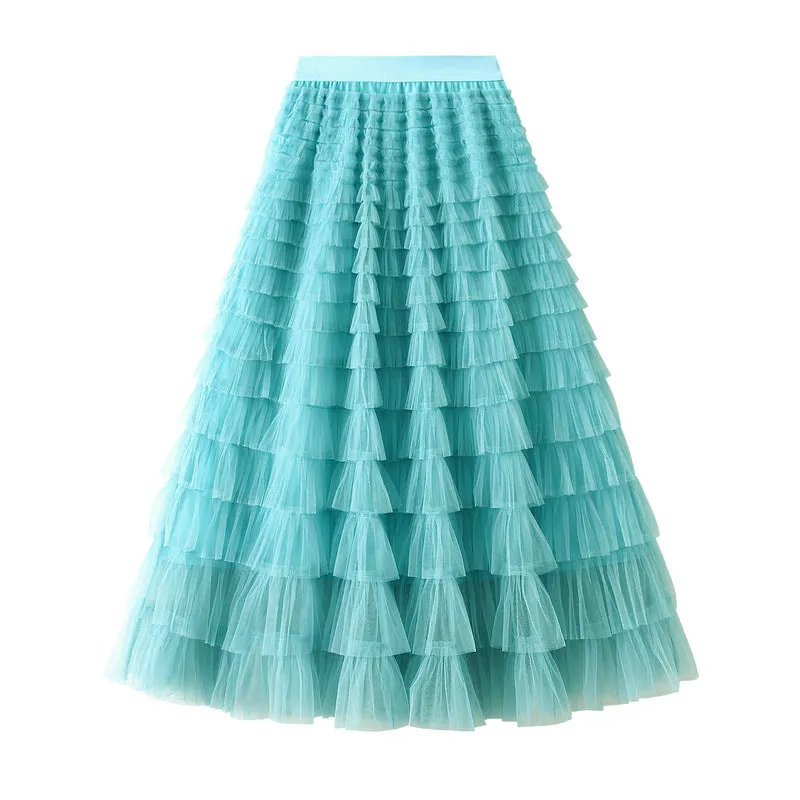 A-Line Mesh Ruffle Skirt Women's Temperament Sweet Long Skirt Slim Cupcake Dress Womens Clothing