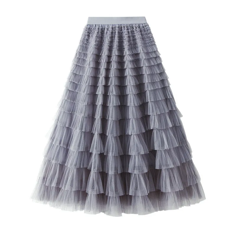 A-Line Mesh Ruffle Skirt Women's Temperament Sweet Long Skirt Slim Cupcake Dress Womens Clothing