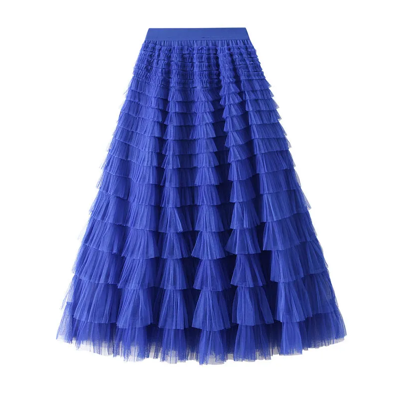 A-Line Mesh Ruffle Skirt Women's Temperament Sweet Long Skirt Slim Cupcake Dress Womens Clothing