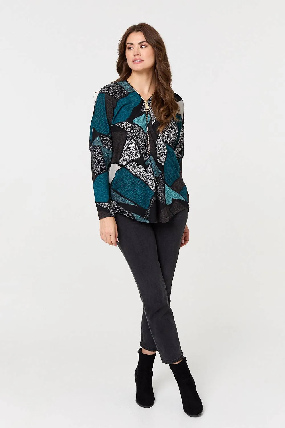 Abstract Print Zip-Front Long Sleeve Top