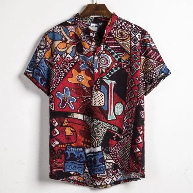 African Dashiki Print Dress Shirt Men Male Fashion Casual Streetwear Ethnic Club Sexy Short Sleeve Linen Summer Top Shirt Clothe