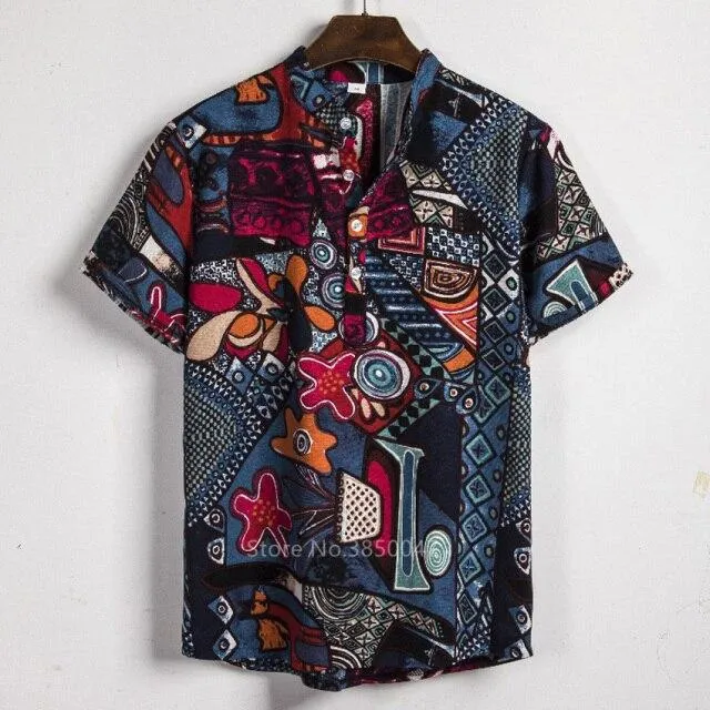 African Dashiki Print Dress Shirt Men Male Fashion Casual Streetwear Ethnic Club Sexy Short Sleeve Linen Summer Top Shirt Clothe