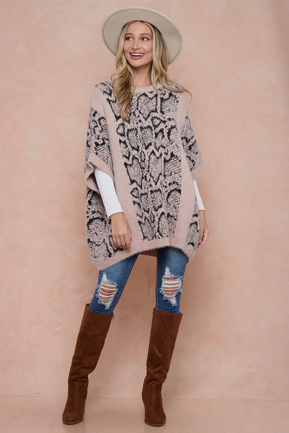 Animal Print Poncho Kimono Style Fuzzy Knit Sweater