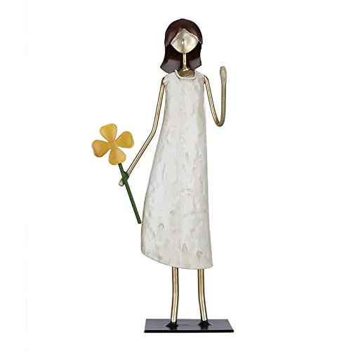 Anself Girl Statue Holding Flower Girl Iron Art Decoration Modern Ornament for Living Room Cabinet and Desk Gift of Vitality and Hope