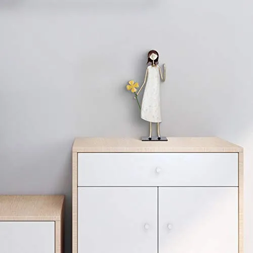 Anself Girl Statue Holding Flower Girl Iron Art Decoration Modern Ornament for Living Room Cabinet and Desk Gift of Vitality and Hope