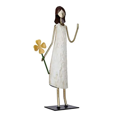 Anself Girl Statue Holding Flower Girl Iron Art Decoration Modern Ornament for Living Room Cabinet and Desk Gift of Vitality and Hope