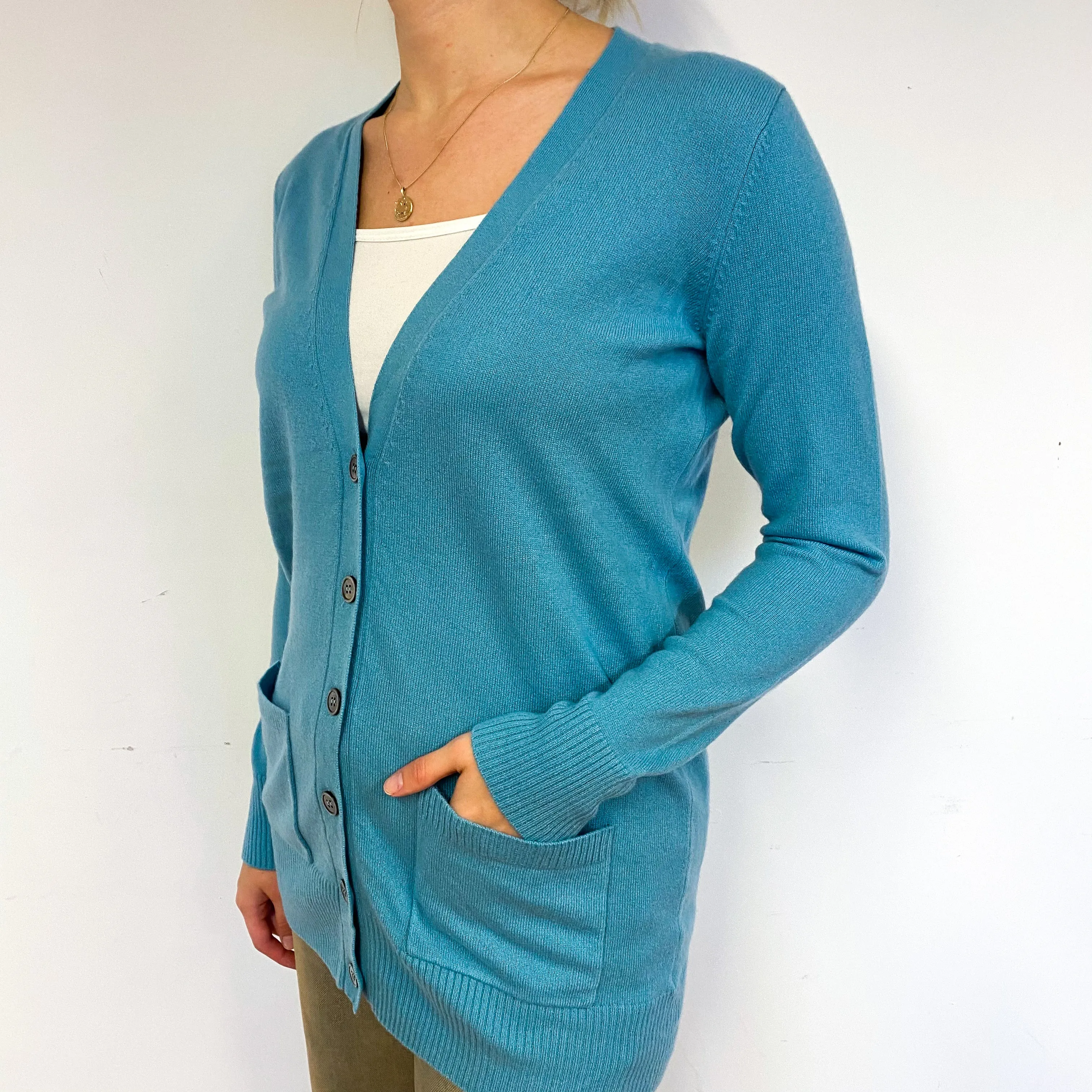 Aqua Blue Longline Cashmere V-Neck Cardigan Small