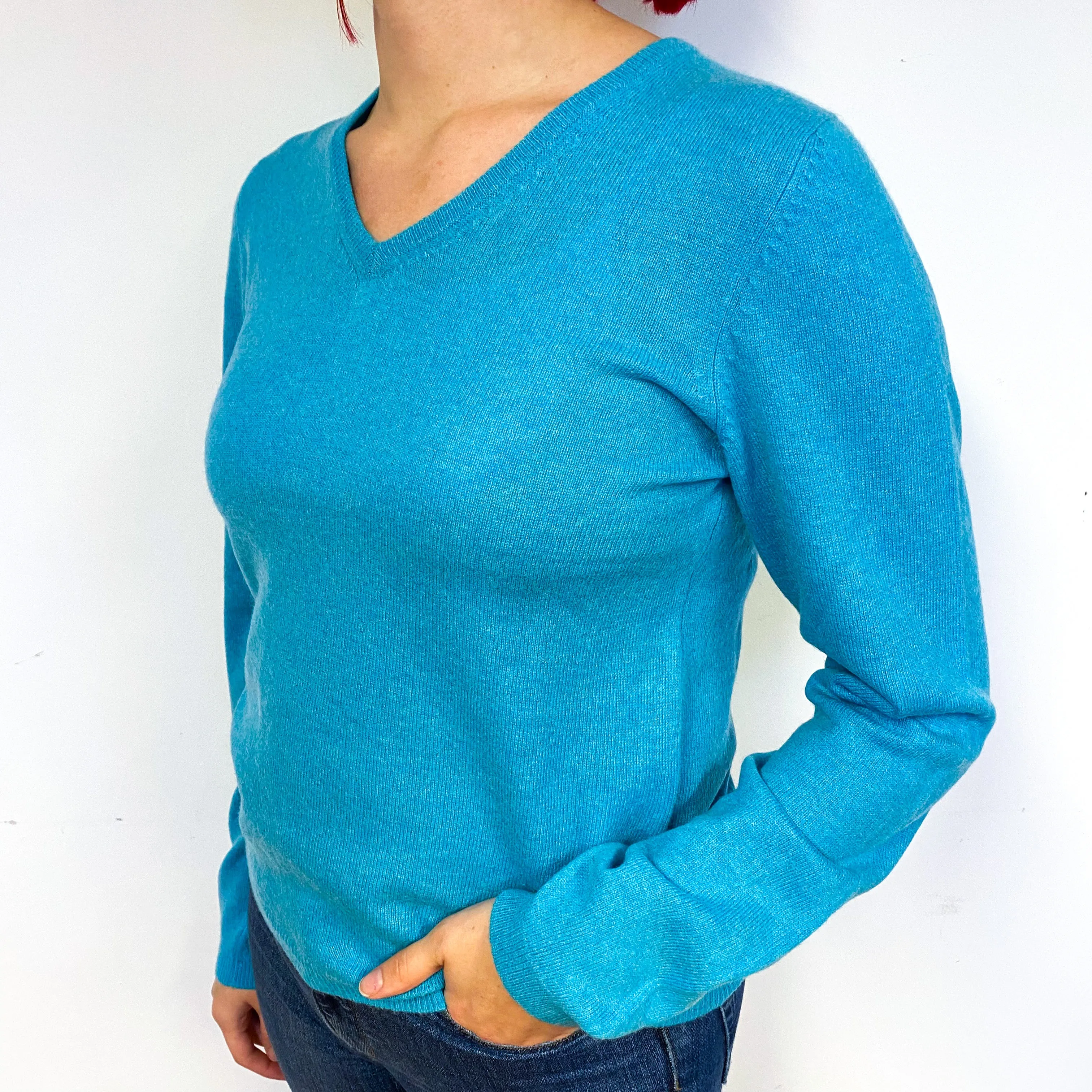 Aquamarine Blue Cashmere V-Neck Jumper Small