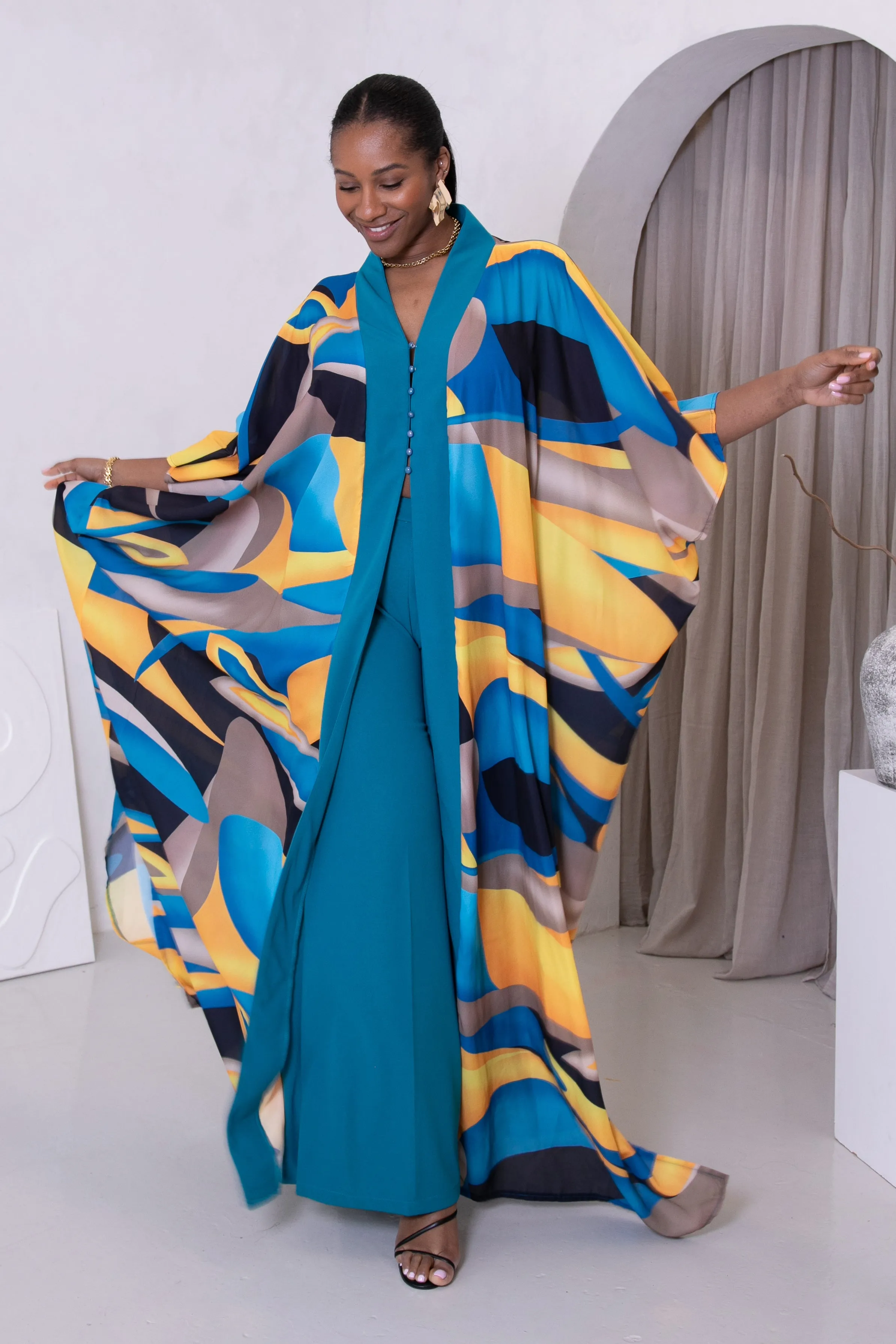 AREWA KAFTAN & TROUSERS SET - TEAL & YELLOW