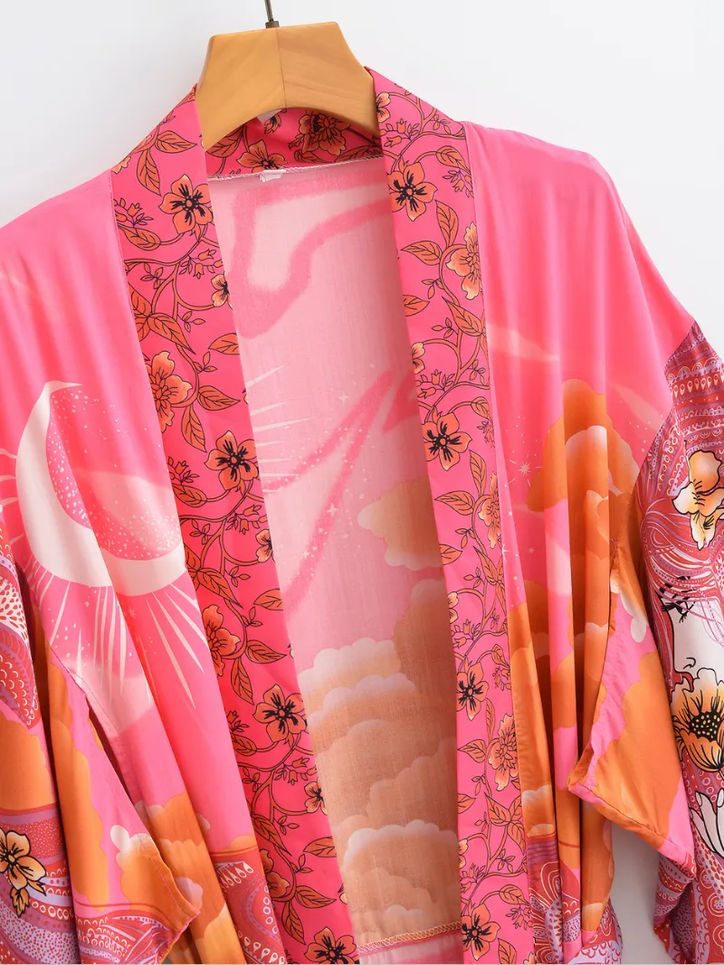 Autumn Pink Starry Sky Long Cardigan Kimono Jacket