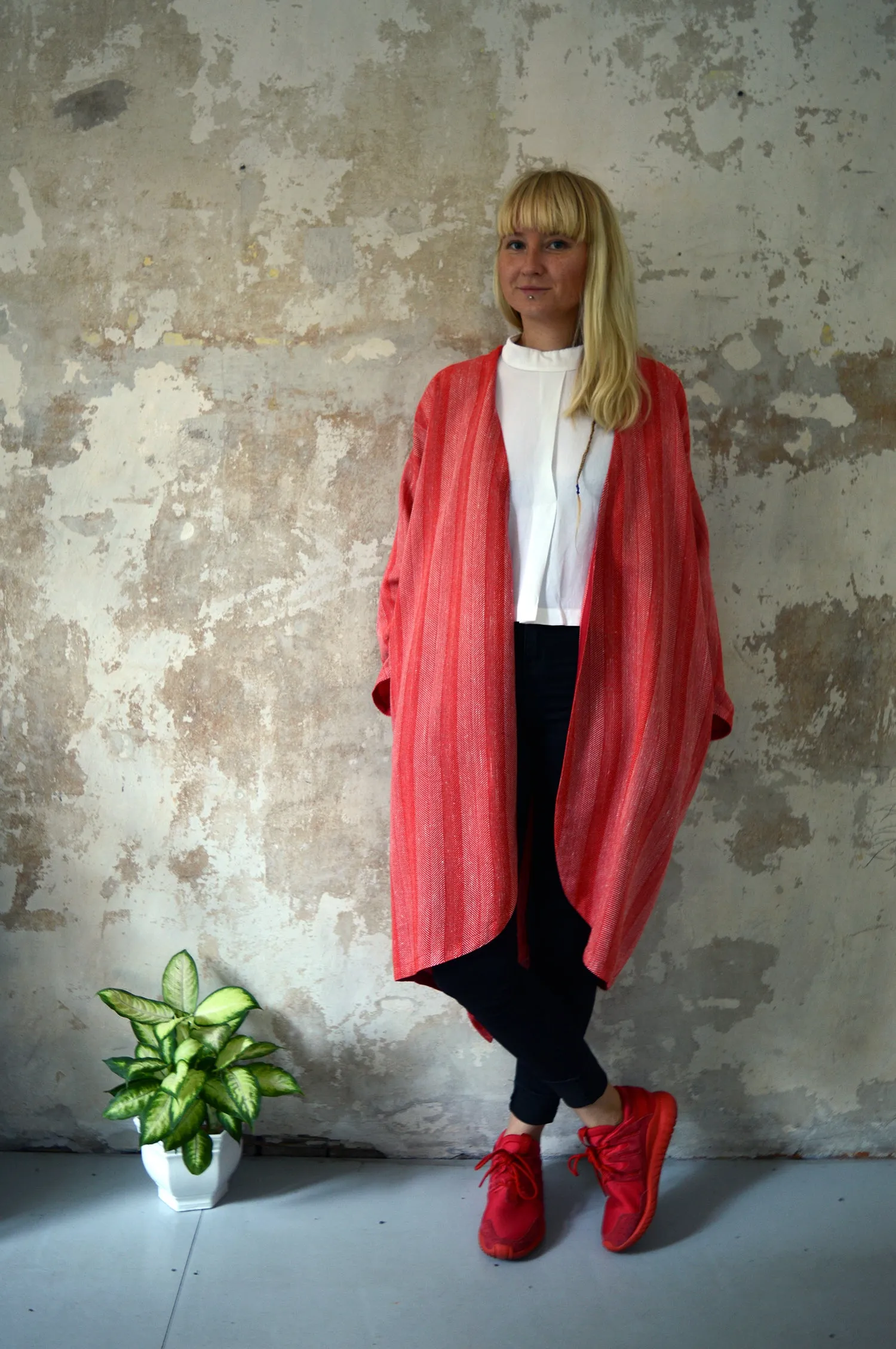 Autumn/Winter Bright Red Woven Etno Style Long Sleeved warm Transformer Kimono - from dress to a kimono jacket