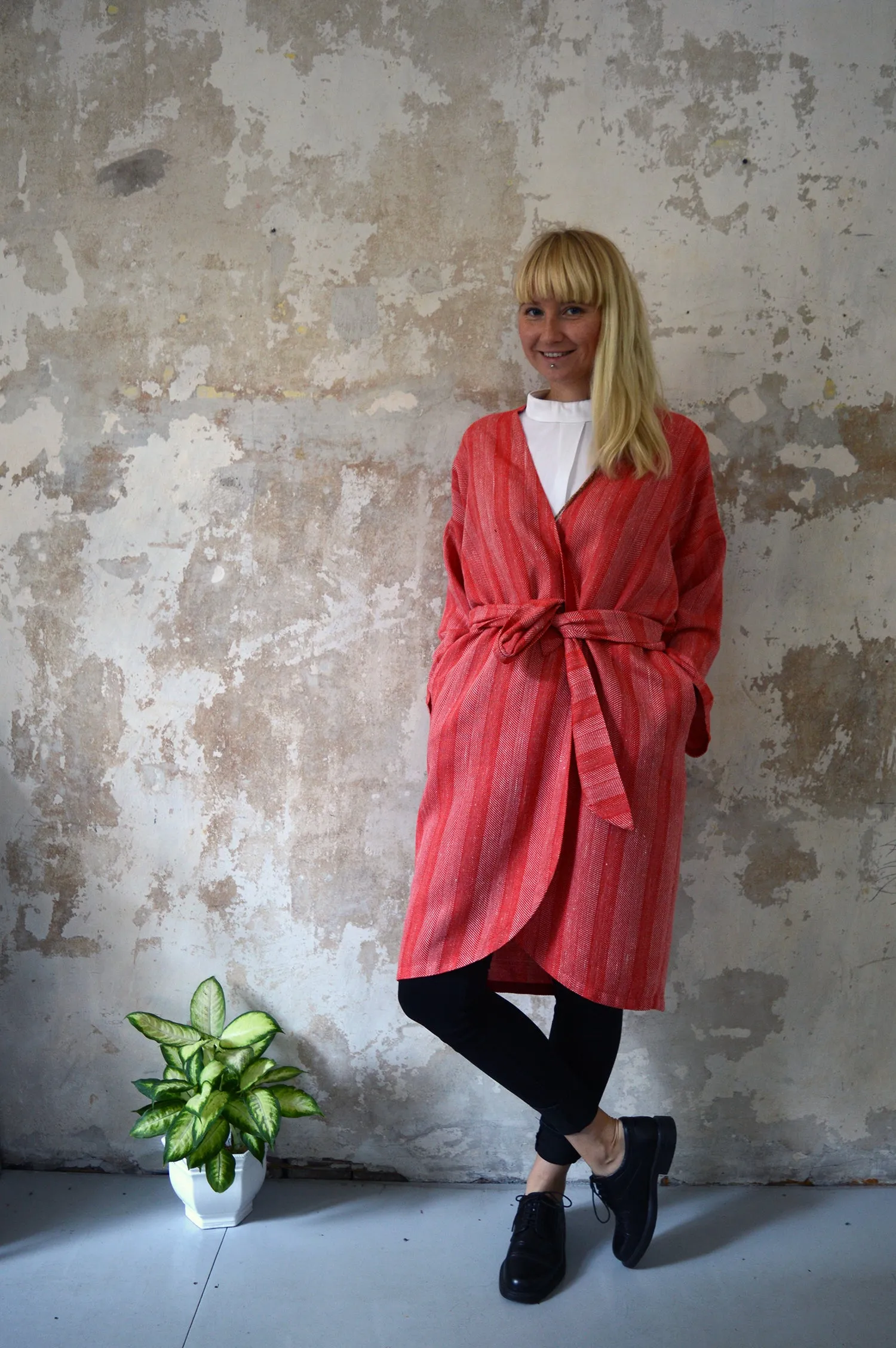 Autumn/Winter Bright Red Woven Etno Style Long Sleeved warm Transformer Kimono - from dress to a kimono jacket