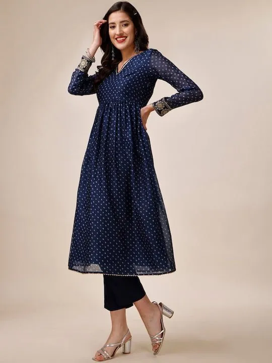 Bandhani Printed V-Neck Chanderi Cotton Kurta with Trousers