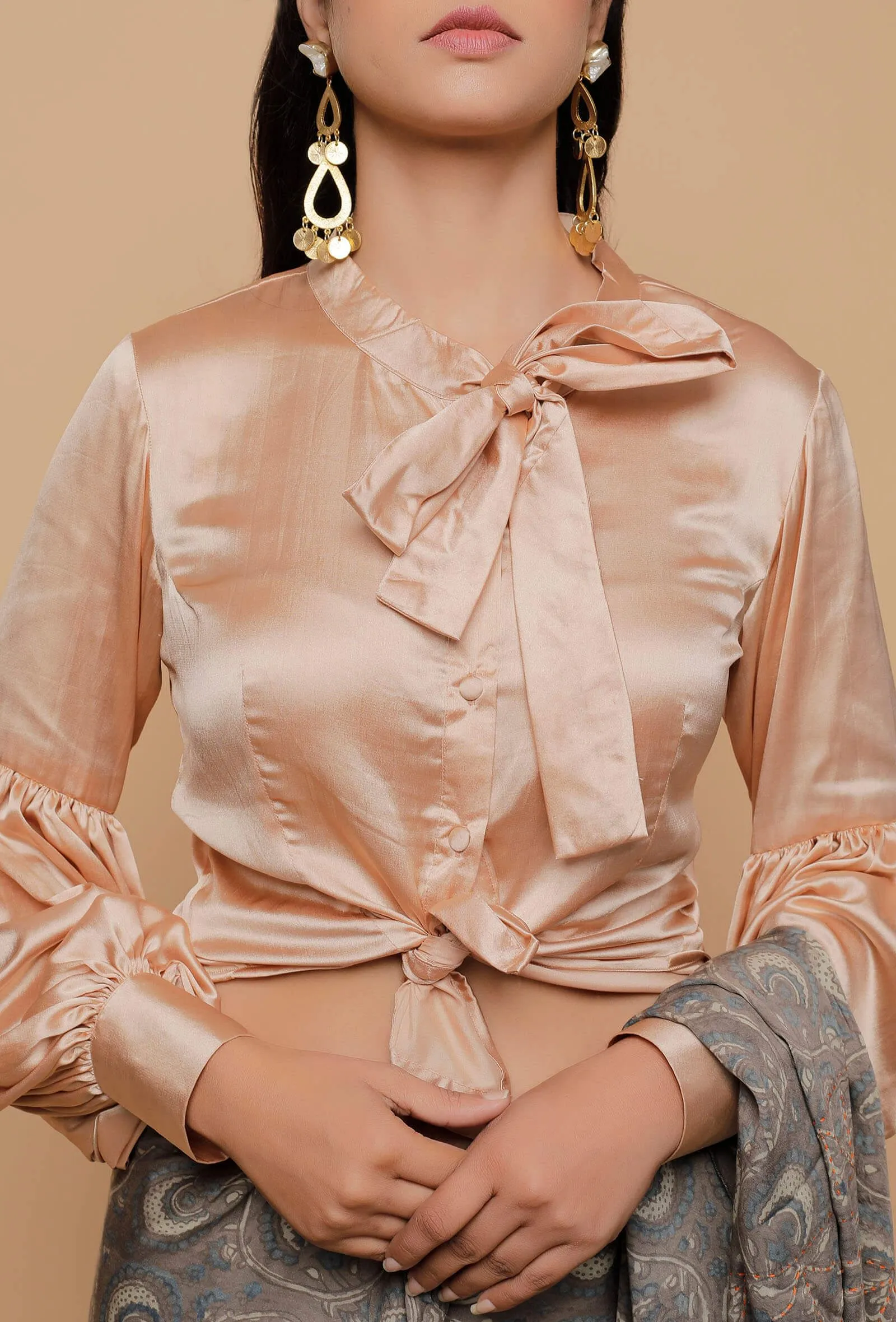 Beige Organza Silk Sheer Puffed Sleeve Blouse