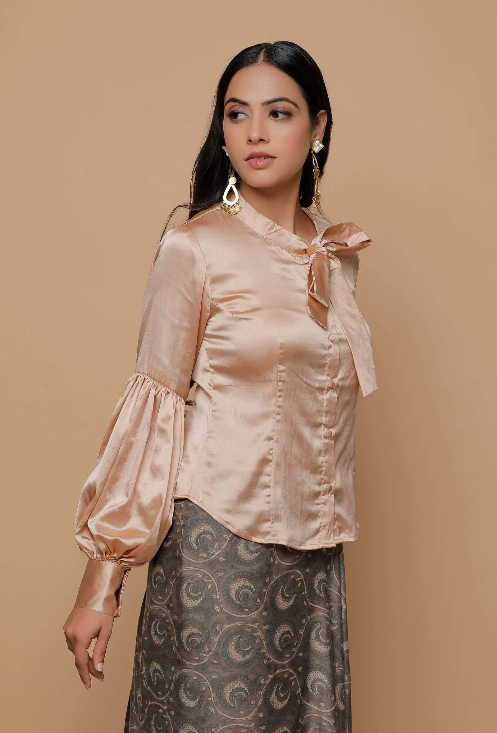 Beige Organza Silk Sheer Puffed Sleeve Blouse