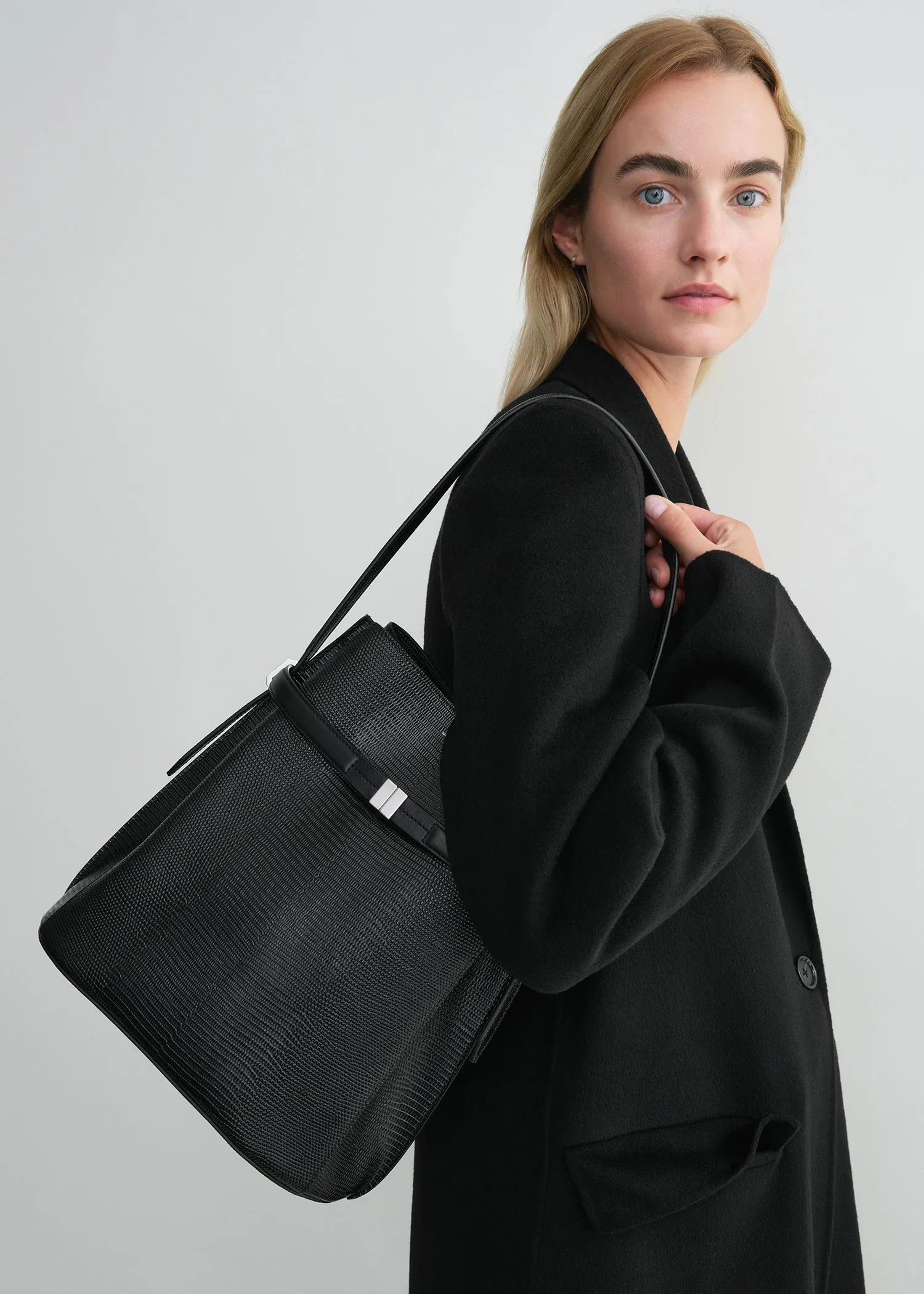 Belted lizard-embossed bucket bag black