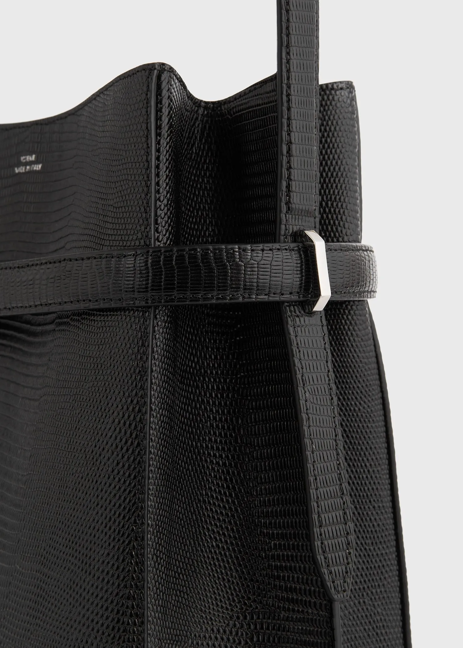 Belted lizard-embossed bucket bag black