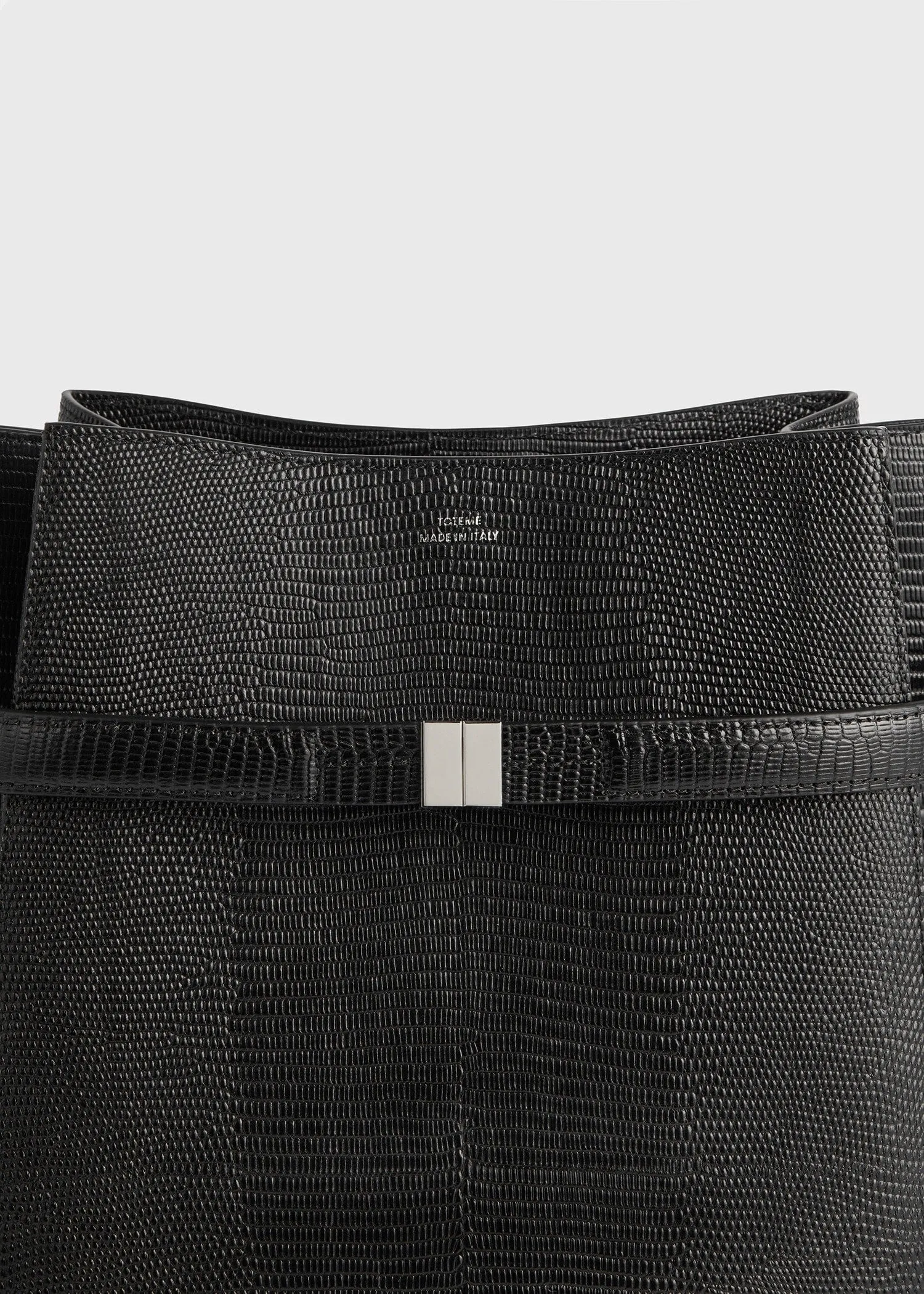 Belted lizard-embossed bucket bag black