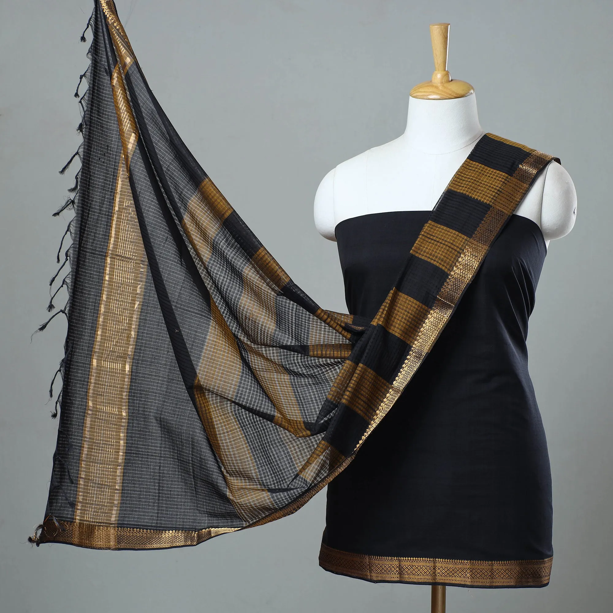 Black - 3pc Handloom Cotton Mangalagiri Dress Material 28