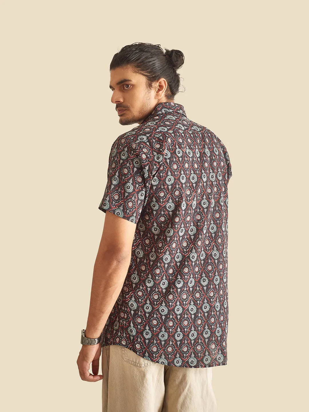 Black Ethnic Printed Festive Halfsleeves Cotton Shirt