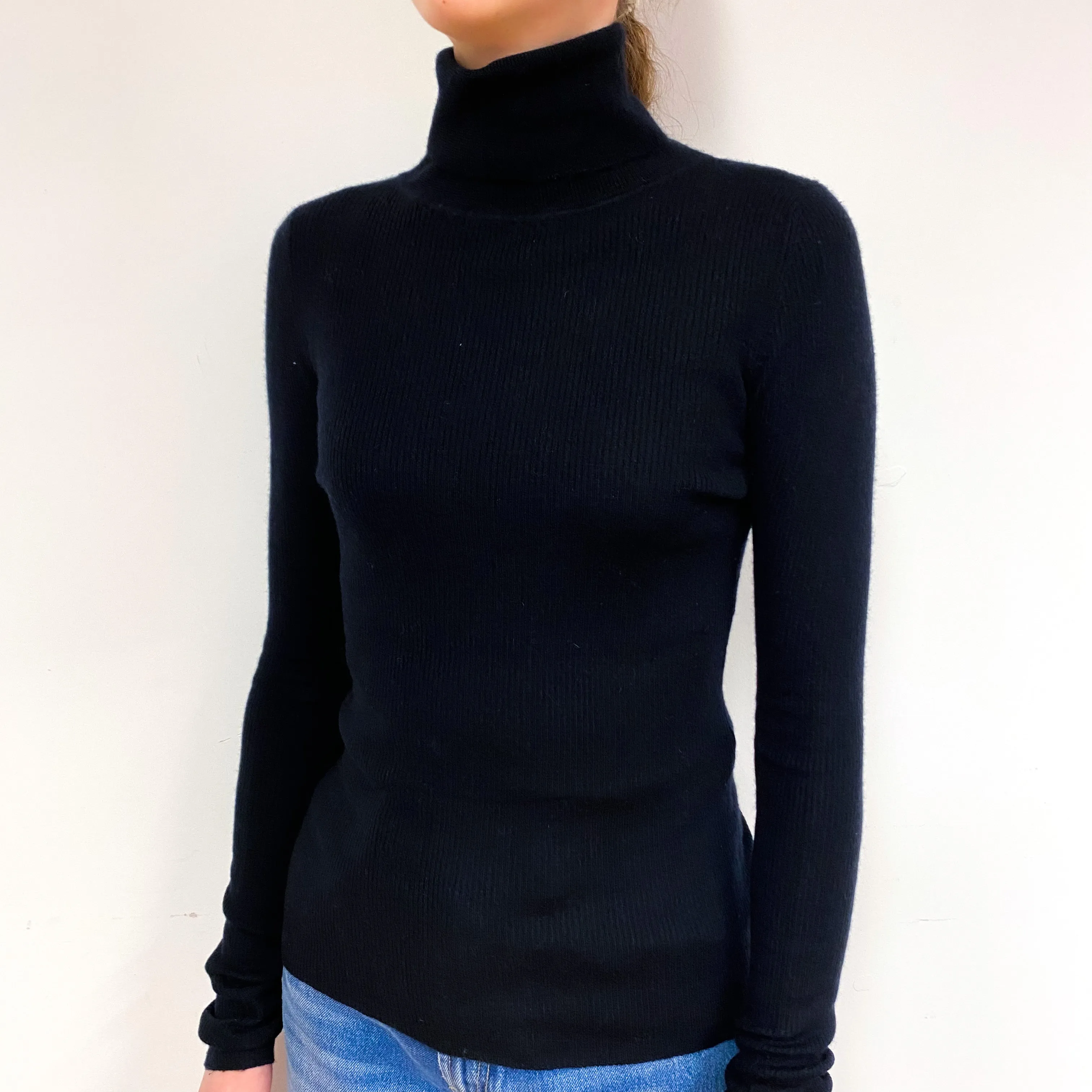 Black Skinny Fine Knit Cashmere Polo Neck Jumper Extra Small