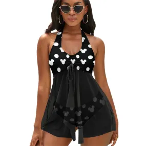 Black With White Mickey Polka Dots Women's Split Skirt Swimsuit