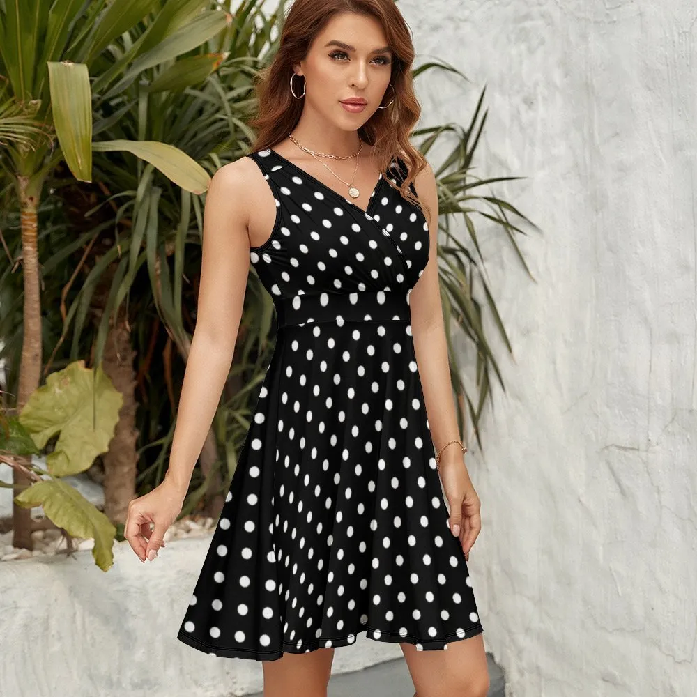 Black With White Polka Dots V-Neck Sleeveless Dress