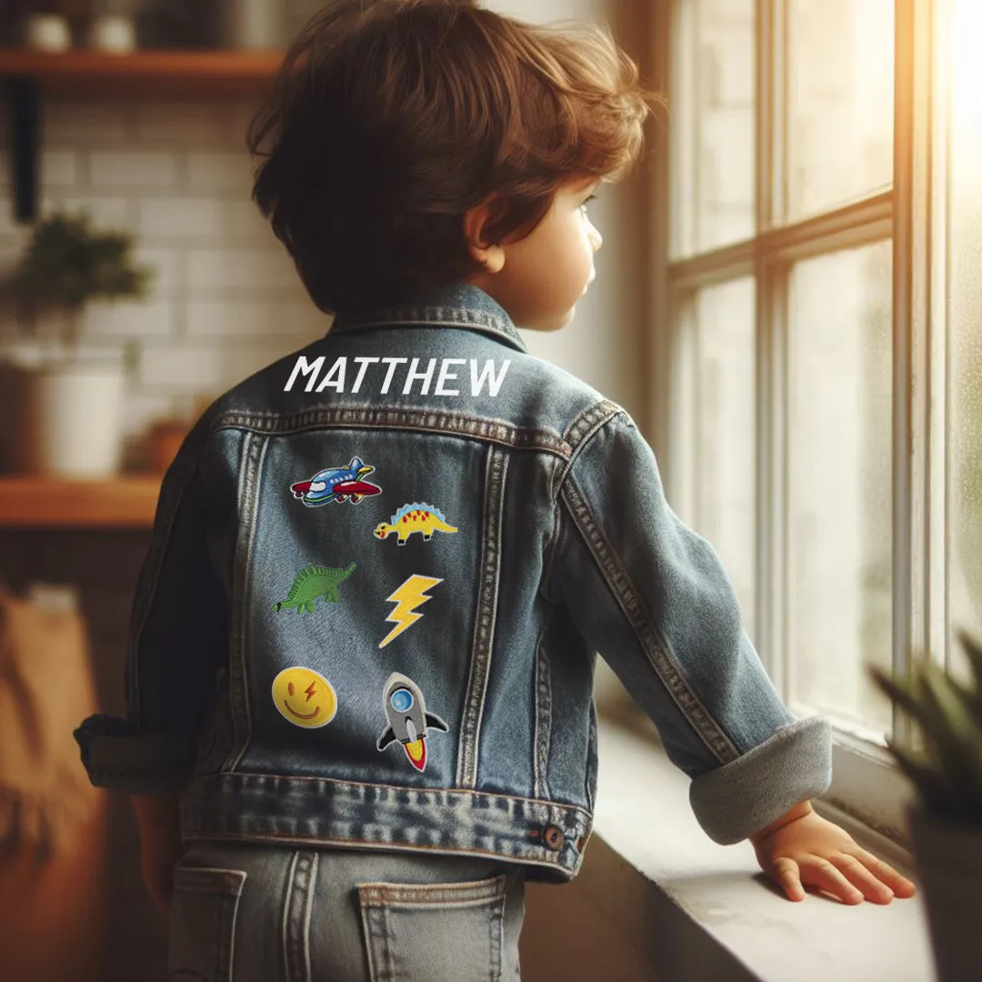 (Blue Denim) Custom Patched Denim Jacket for Kids