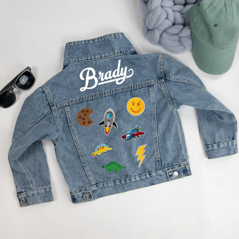 (Blue Denim) Custom Patched Denim Jacket for Kids