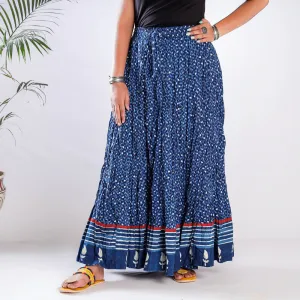 Blue - Kusumlata Indigo Block Print Cotton Crinkle Long Skirt