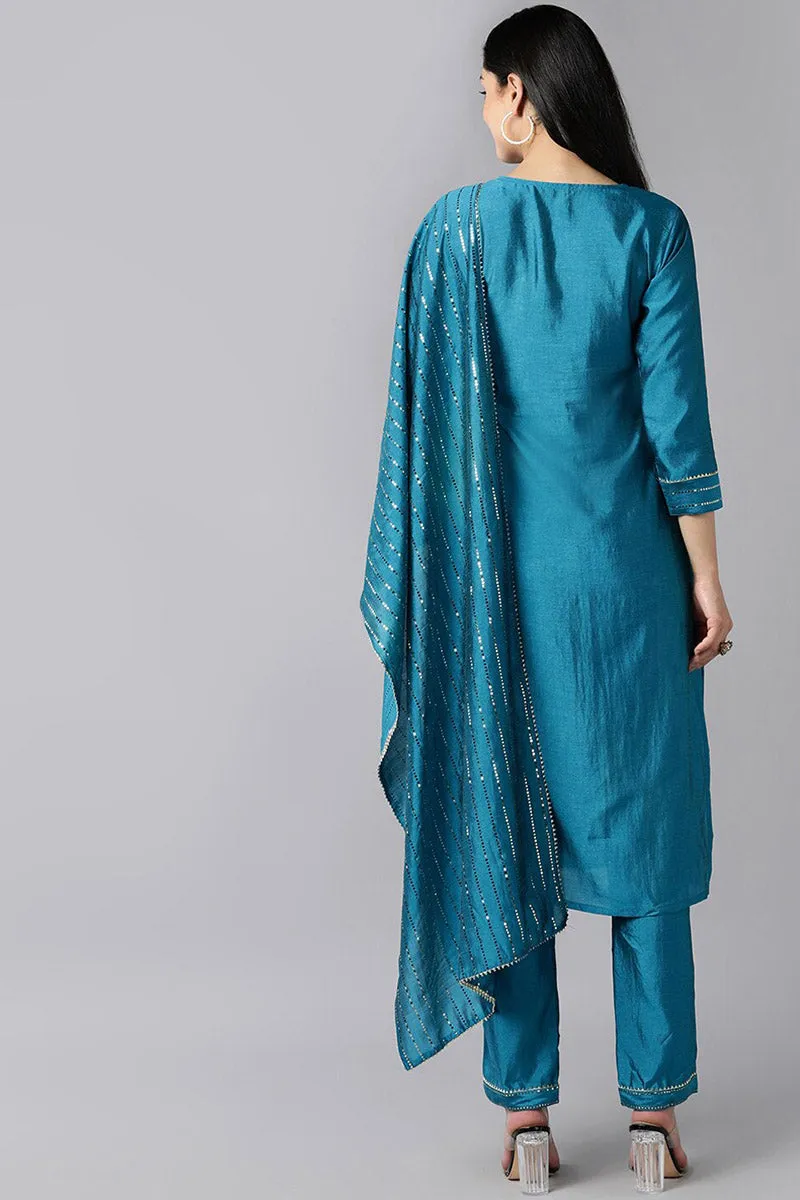 Blue Poly Chanderi Solid Straight Suit Set