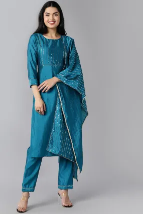 Blue Poly Chanderi Solid Straight Suit Set