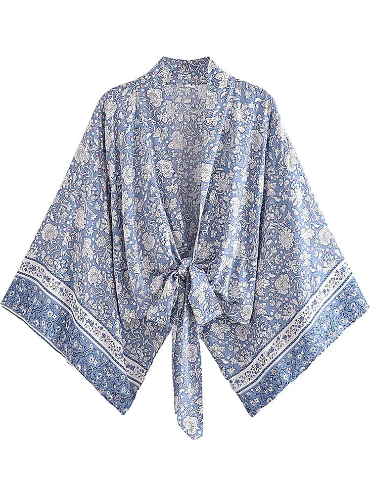 Blue Porcelain Floral Boho Short Kimono Wrap Top