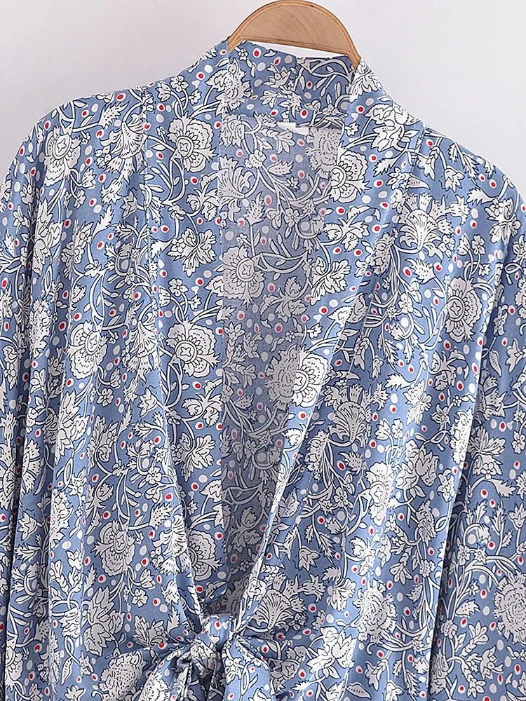 Blue Porcelain Floral Boho Short Kimono Wrap Top