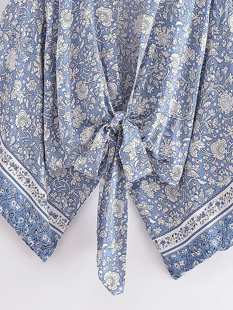 Blue Porcelain Floral Boho Short Kimono Wrap Top