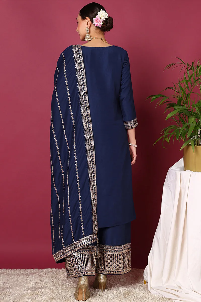 Blue Silk Blend Solid Yoke Design Straight Suit Set