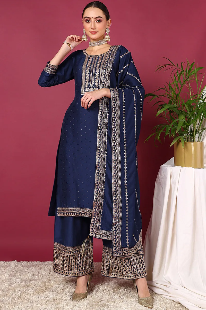 Blue Silk Blend Solid Yoke Design Straight Suit Set