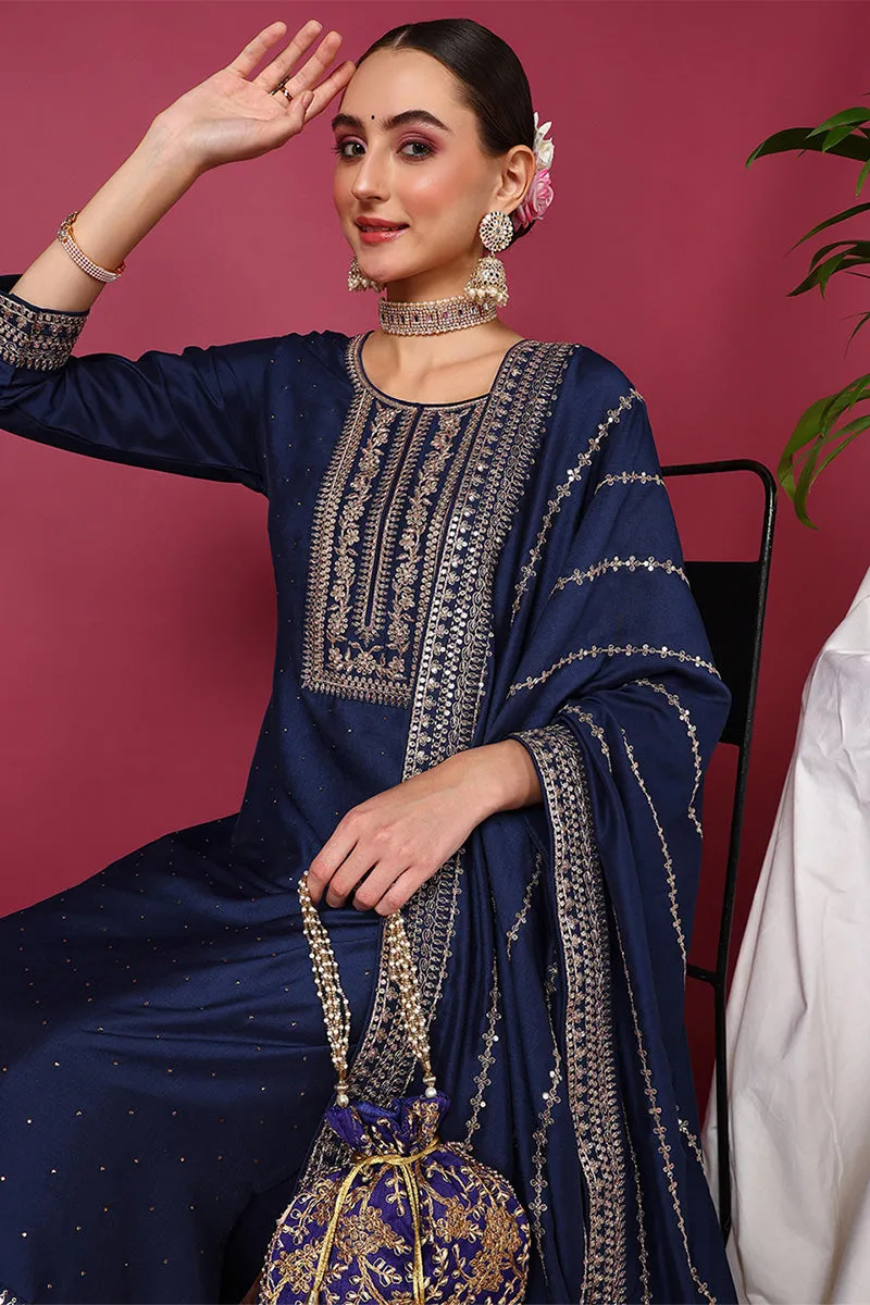 Blue Silk Blend Solid Yoke Design Straight Suit Set