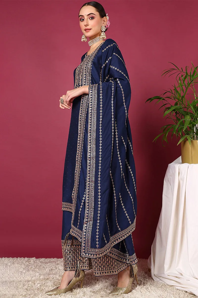 Blue Silk Blend Solid Yoke Design Straight Suit Set