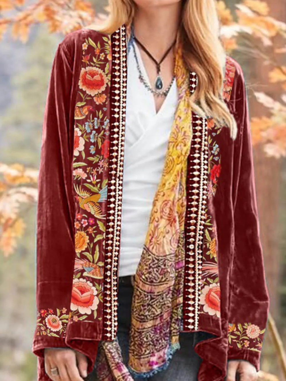 Boho Floral Velvet Kimono Cardigan