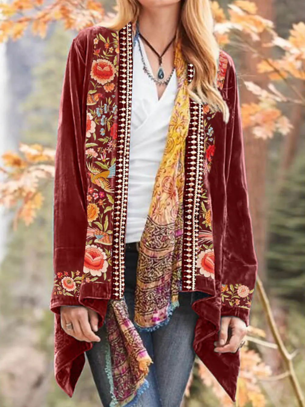 Boho Floral Velvet Kimono Cardigan