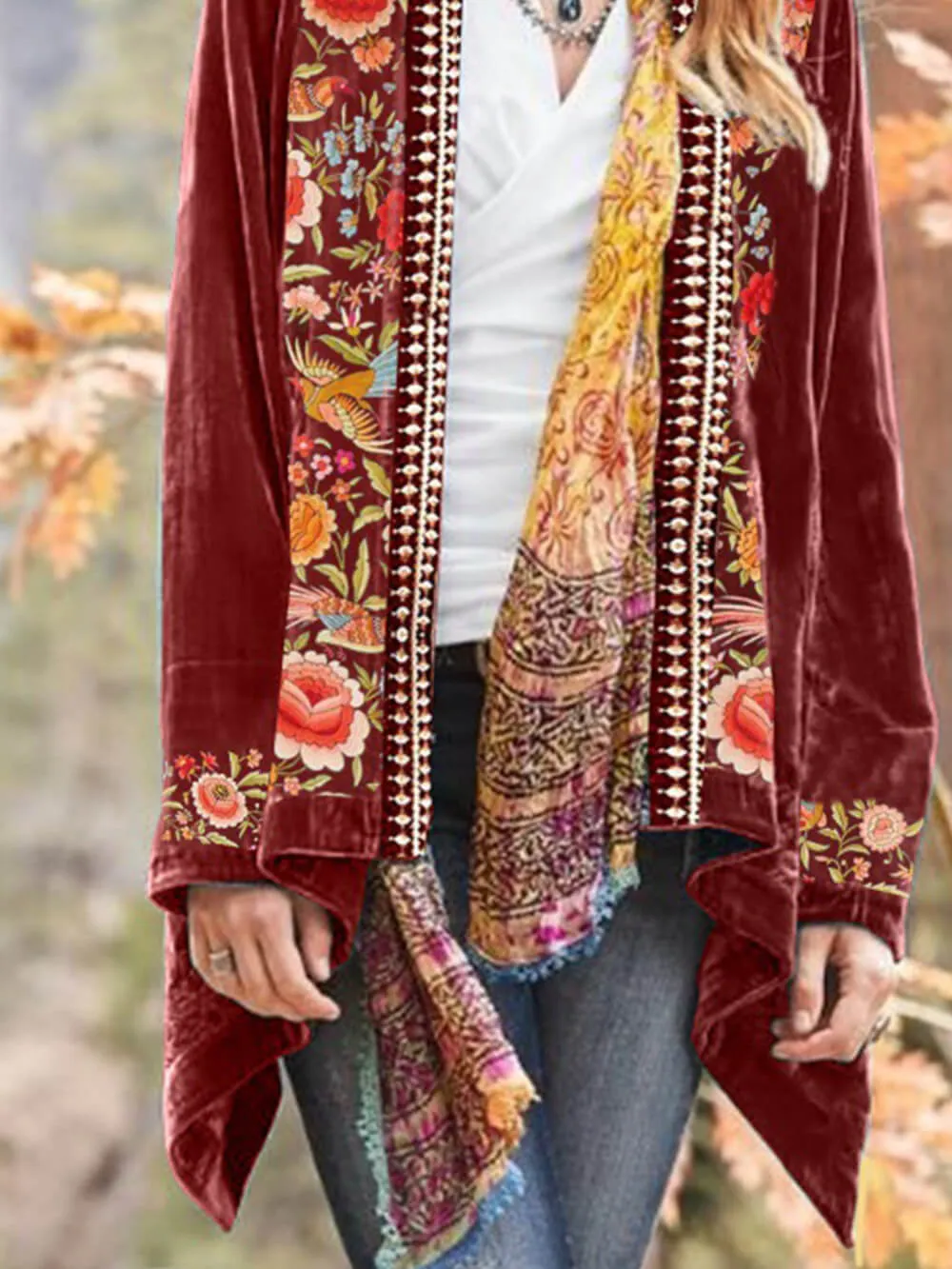 Boho Floral Velvet Kimono Cardigan