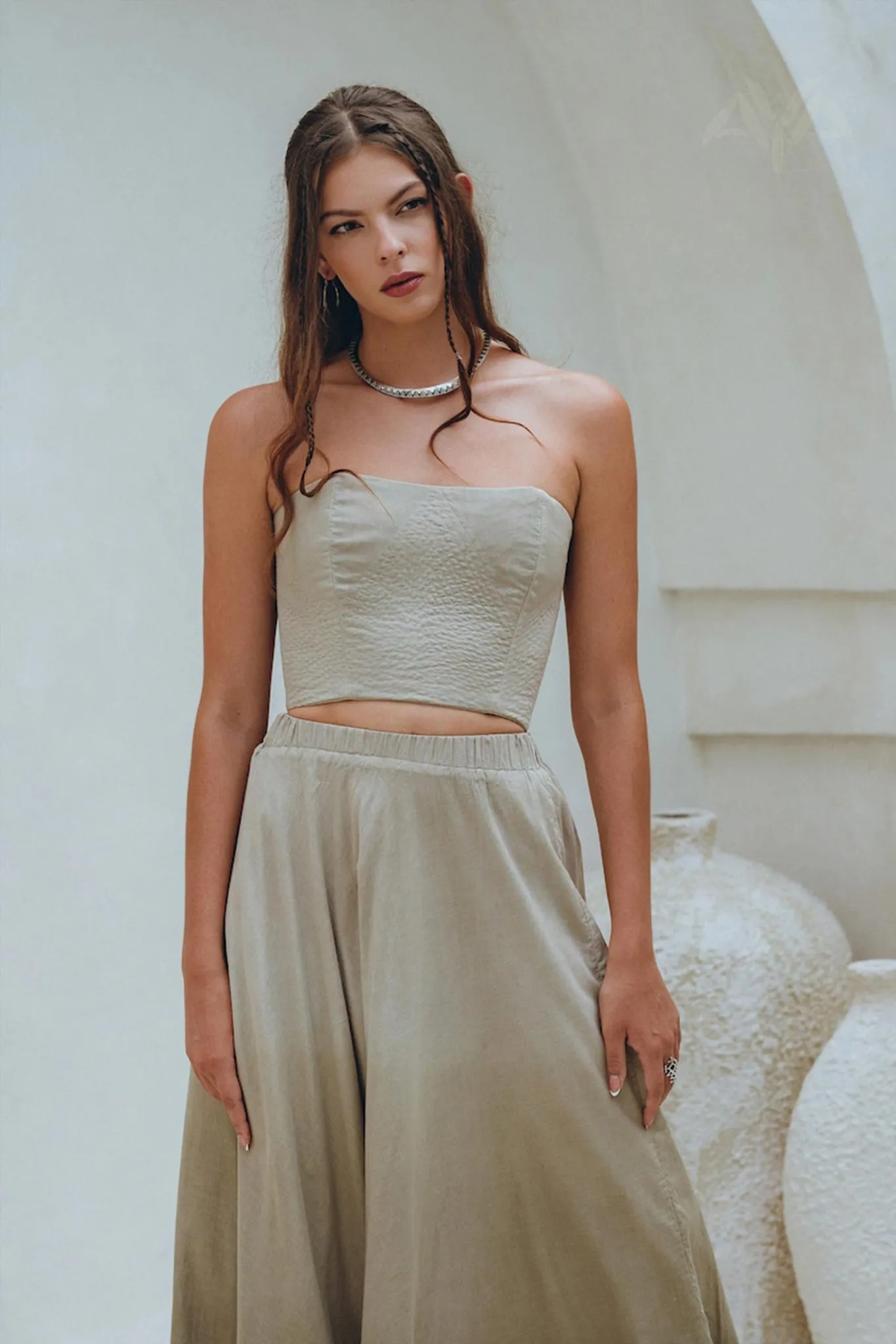 Boho Top Corset and Skirt Women • Sage Green Summer Crop Top Skirt