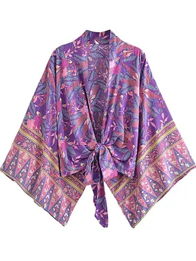 Boho Vintage Floral Print Short Kimono Wrap Tops